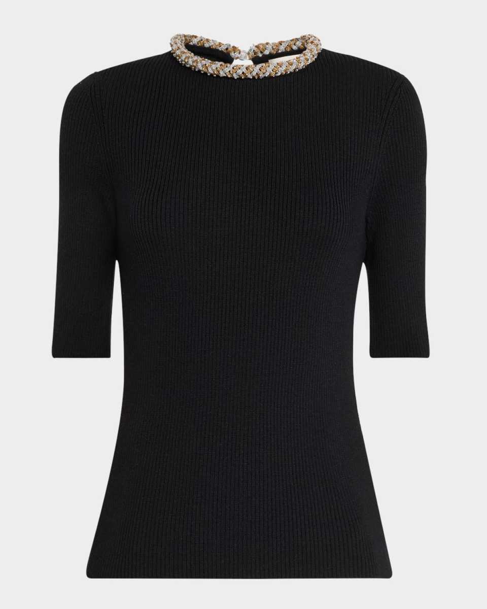 Embellished Elbow-Sleeve Rib Knit Sweater